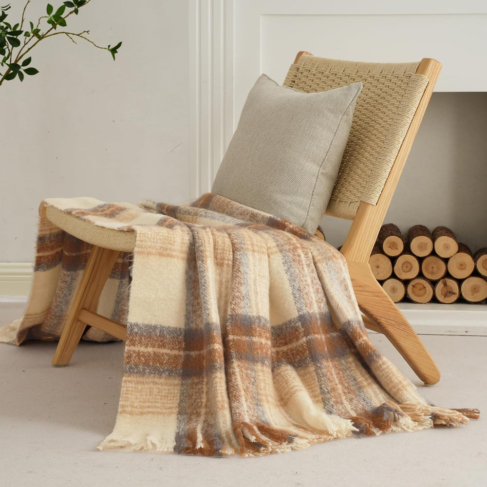 Battilo Beige Plaid Throw Blanket for Couch, Mohair Tartan Blanket 50"x6...