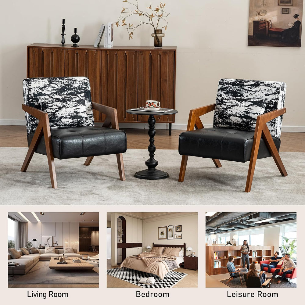 Mid-Century Modern Accent Chair Set of 2 with Solid Wood Frame，Upholstered Le...