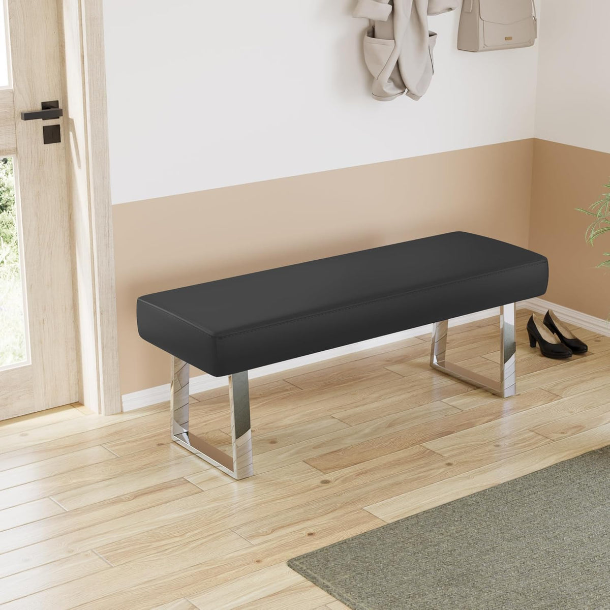 JIEXI 45.3" Indoor PU Leather Upholstered Footstool Bench with Metal Legs