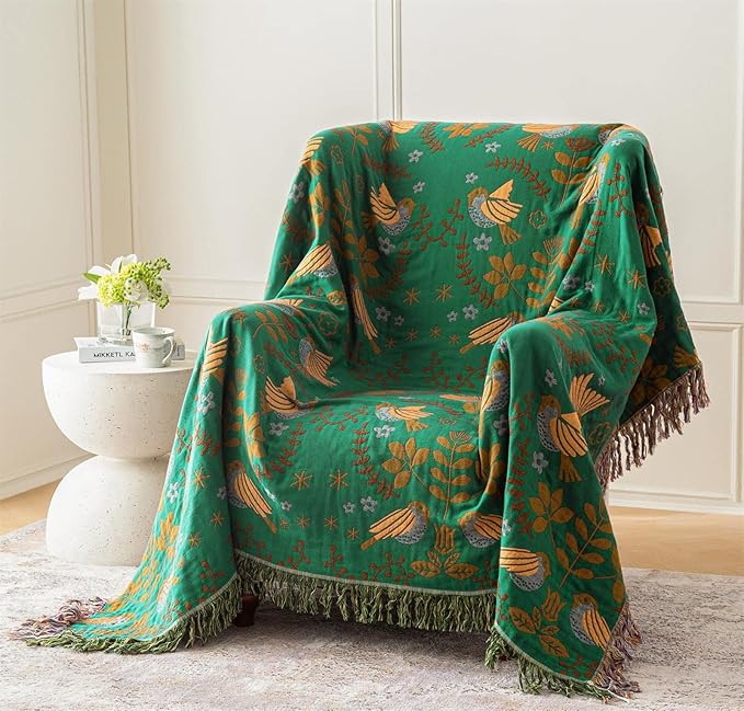 MSGKV Boho Throw Blanket 100% Cotton Green Blanket 90''x 98'' Spring Reversible - Image 9
