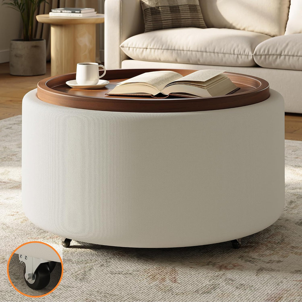 Round Storage Ottoman Coffee Table with Walnut Tray, 30'' Round Ottom...