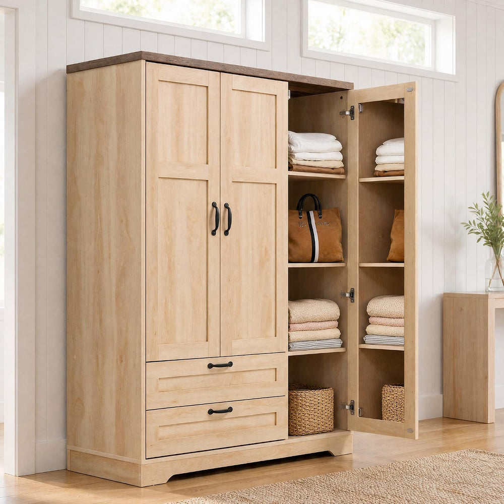 62" Wooden Armoire Wardrobe Closet with 3 Doors & 2 Drawers, Mirror