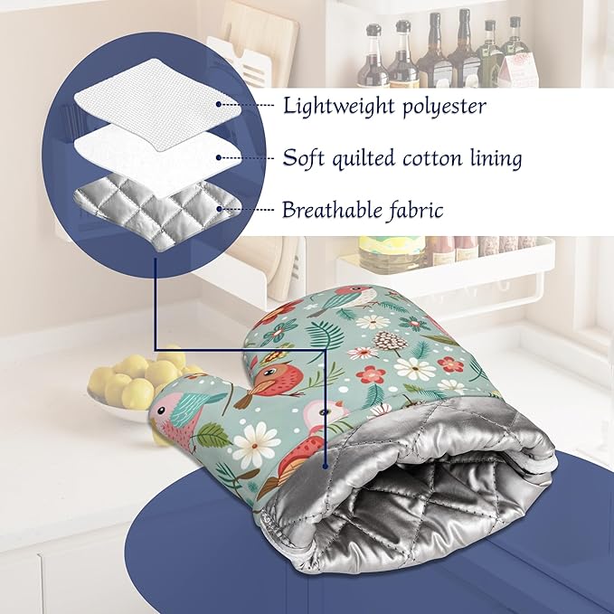 Birds Floral Potholders & Oven Mitts Sets Colourful Flowers Silicone Heat - Image 5