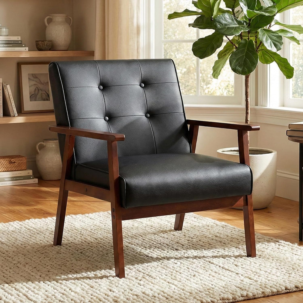 STHOUYN Black Leather Accent Chair, Waiting Chair with Wooden Arms