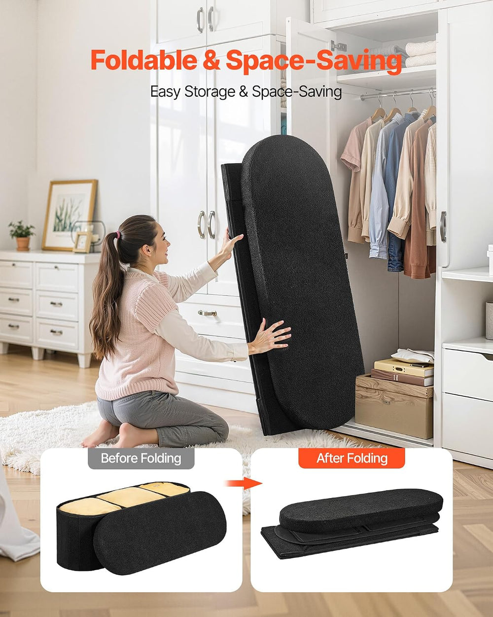 VEVOR Oval Storage Ottoman Bench, Foldable Teddy Fleece End of Bed Bench, Fol...