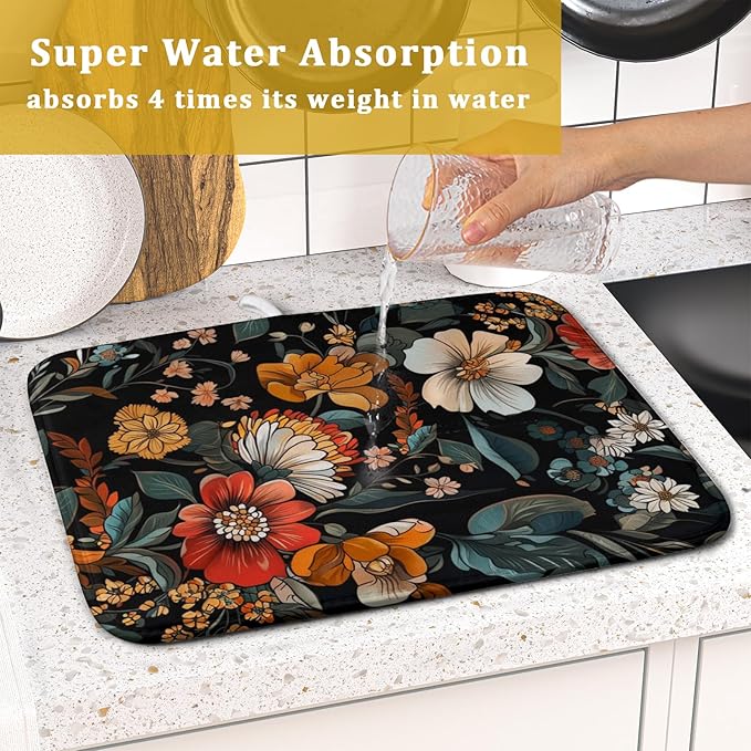 Vintage Floral Dish Drying Mat 16x18 inch Boho Flower Drainer Mats Fast Dry - Image 7