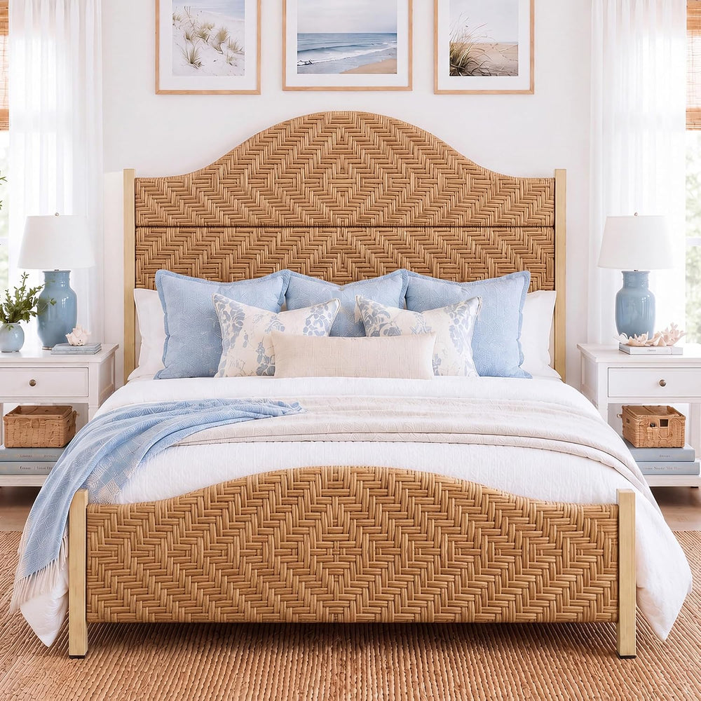 Yechen Queen Size Bed Frame with 56.7" Tall Headboard, Handwoven PE Rattan