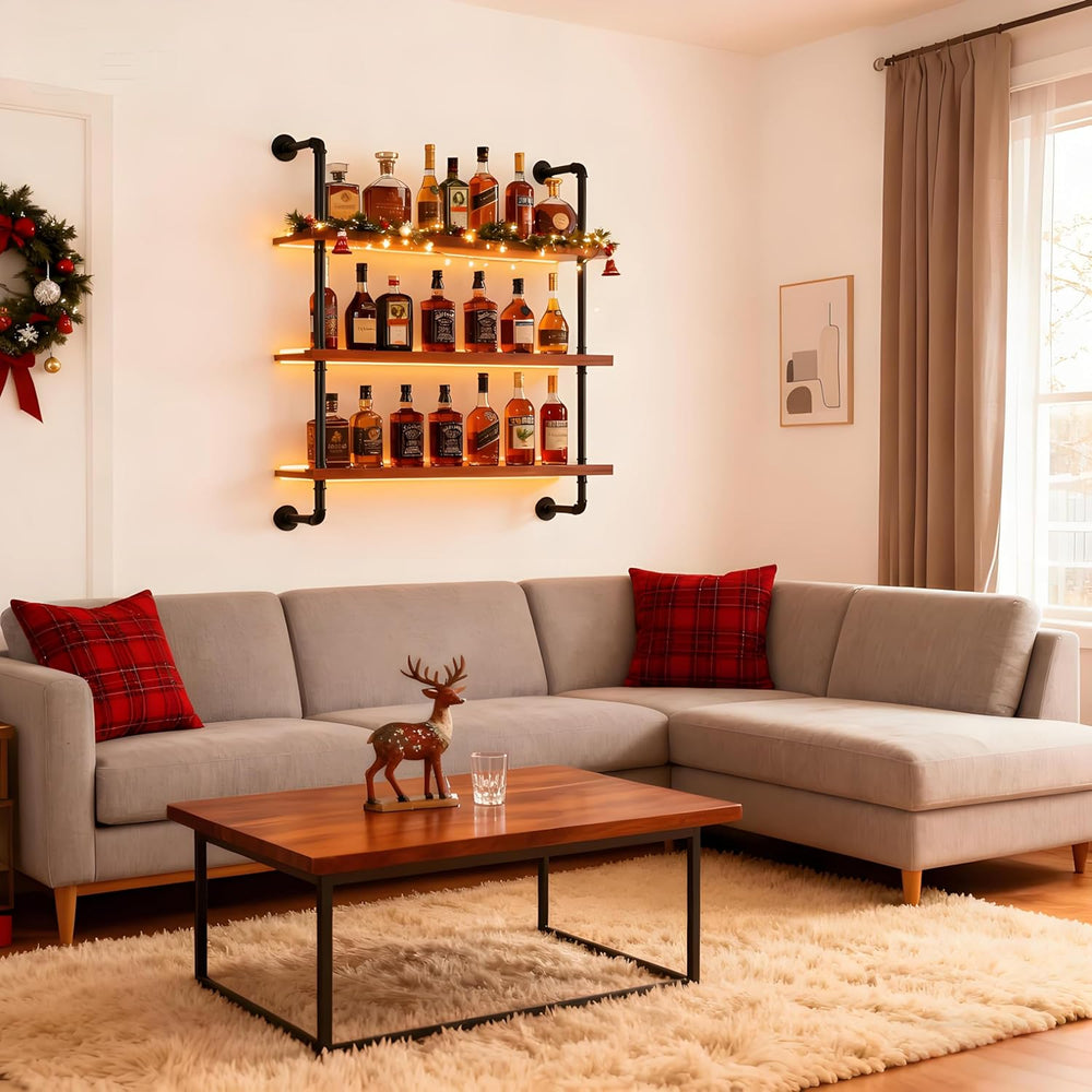 32" Wine Rack Wall Mounted with LED Lights, 3-Tiers Wall Bar Shelves | S...