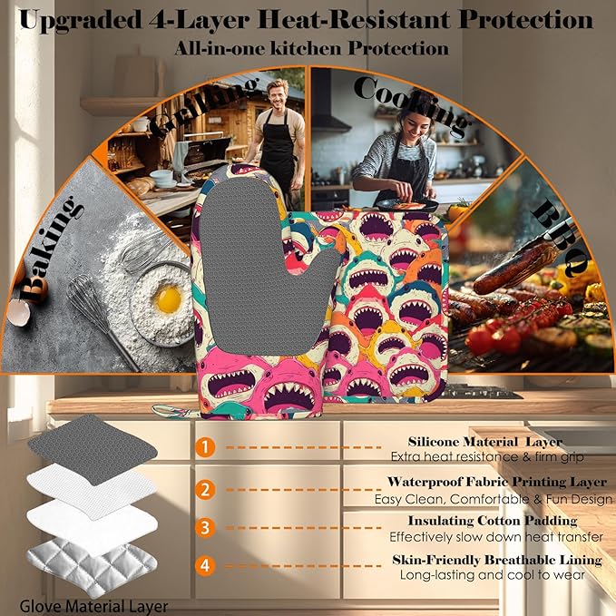Colorful Shark Oven Mitts and Pot Holders Sets Angry Sharks Non-Slip Silicone - Image 4