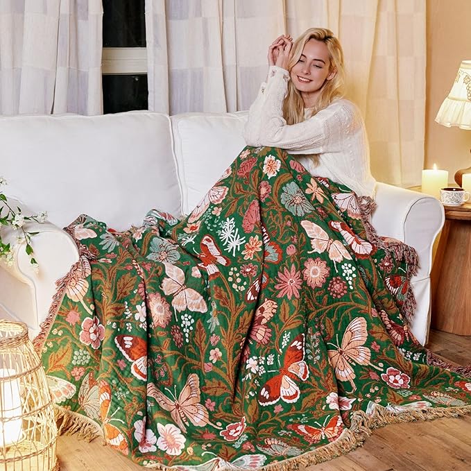 MSGKV Boho Throw Blanket for Bed 60"x80" Butterfly Floral 100% Cotton Couch - Image 7