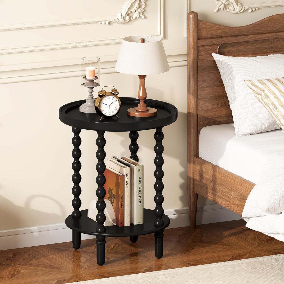 2 Tier Round Side Table with Storage Shelf,Accent Tray End Table with Modern Pedestal Legs, Nightstand Bedside Sofa Table for Living Room Bedtoom Apartment, Black