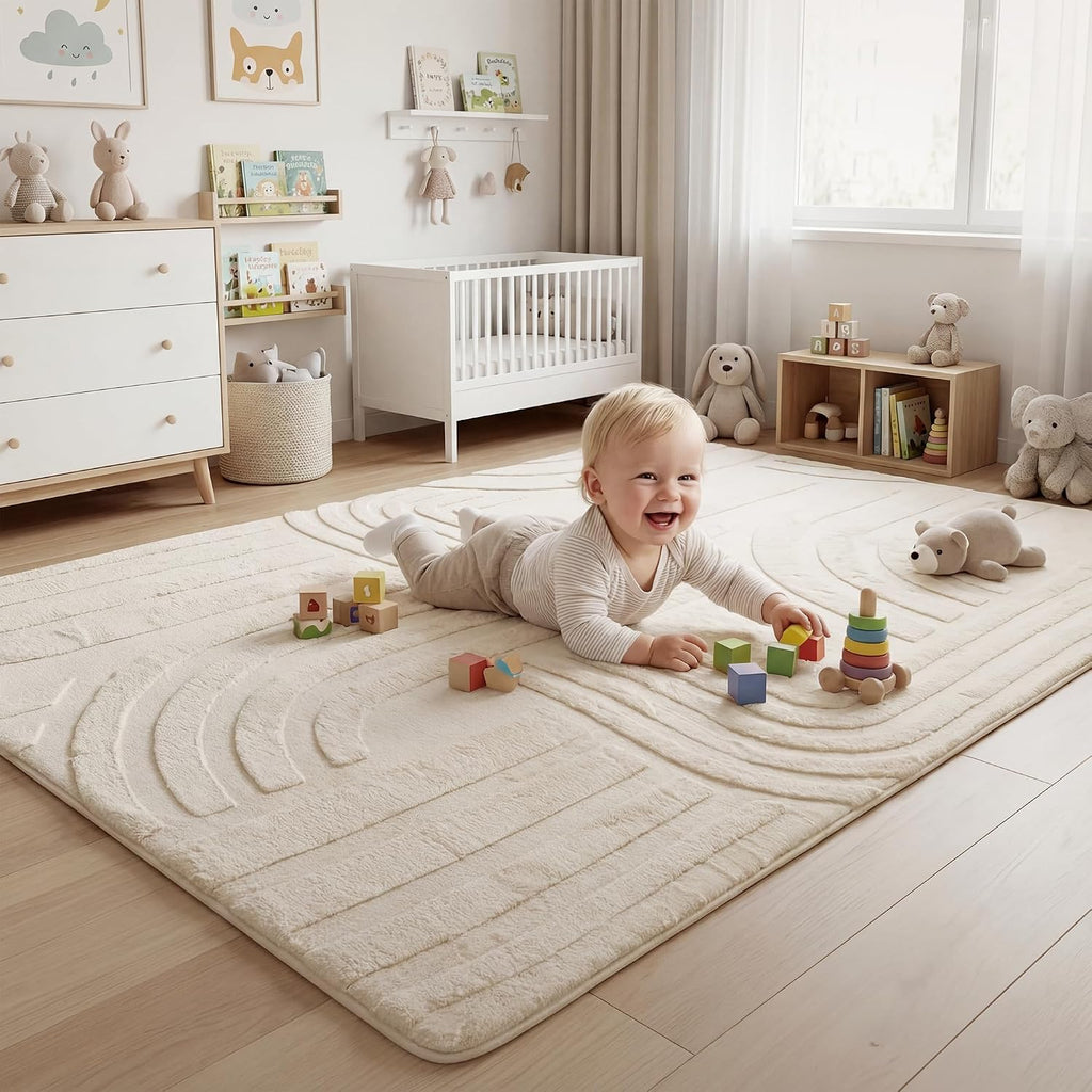 Huloo Sleep 1.3" Extra Thick Fluffy Baby Play Mat for Floor,6'×9'Large Padded Kids Rug with Ultra Soft 3D Carved Faux Rabbit Fur,Non-Slip Carpet Nursery Rug Area Rug for Playroom Living Room(Cream)