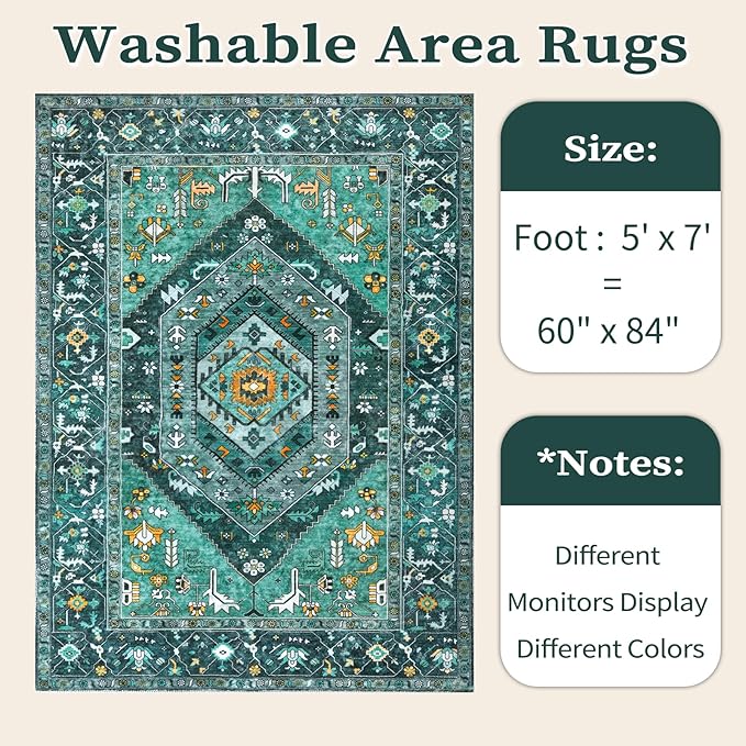 SERISSA Boho Area Rug 5x7 Teal, Washable Large Rugs - Image 6