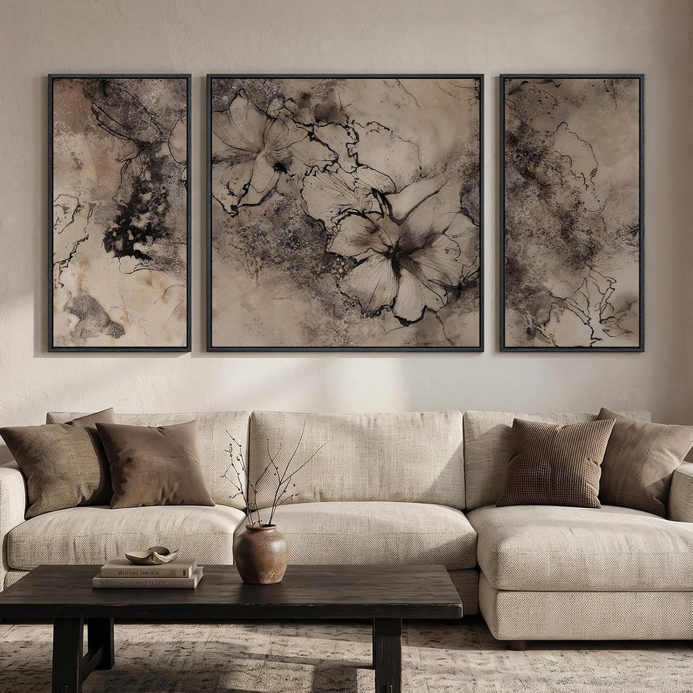 Extra Large Framed Neutral Brown Black Abstract Wall Art for Living Room