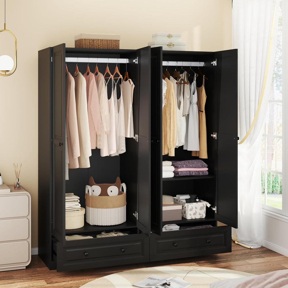 Black Armoire Wardrobe Closet with 2 Drawers, 74" Tall X 63" Wide