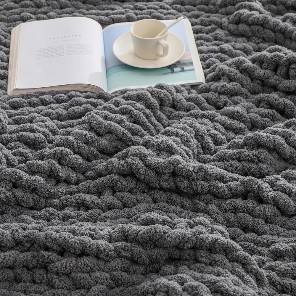 bearberry Chunky Knit Handmade Throw Blanket 50x60 Jumbo Chenille Dark Gray