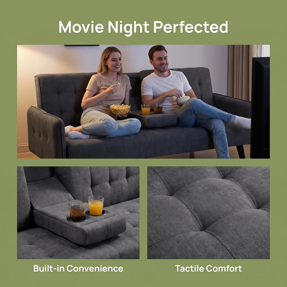 72" Futon Sofa Bed, Convertible Sleeper Sofa with Cup Holder, Gray