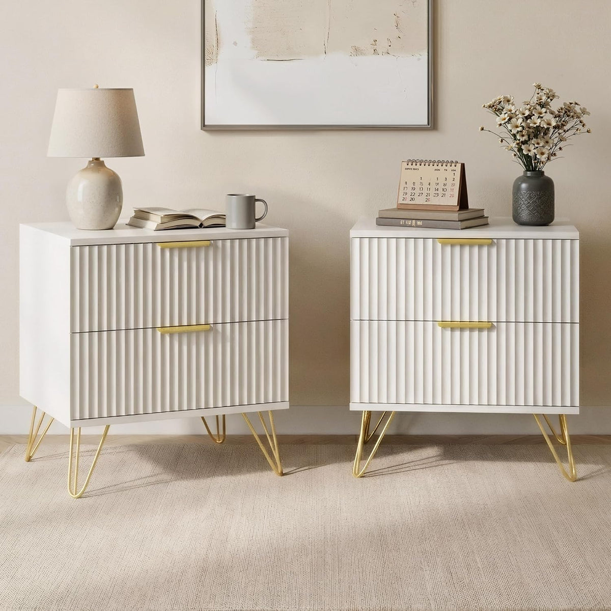White Fluted Nightstand Set of 2, Modern Bedside Table with 2 Drawers and Gold Legs, 19.7’’ Night Stand Wood End Table for Bedroom