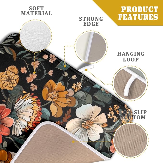 Vintage Floral Dish Drying Mat 16x18 inch Boho Flower Drainer Mats Fast Dry - Image 4