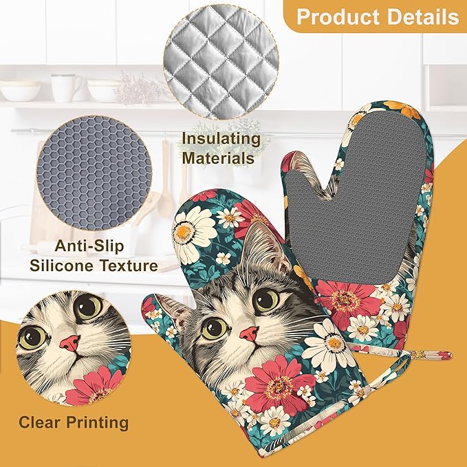 Cute Cat Oven Mitts and Pot Holders Set of 4, Blooming Colorful Flowers Kitchen - Image 3
