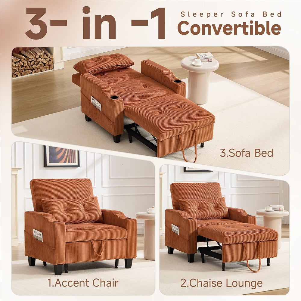 3 in 1 Convertible Sleeper Chair, Corduroy Single Sleeper Sofa Bed, Pull Out ...