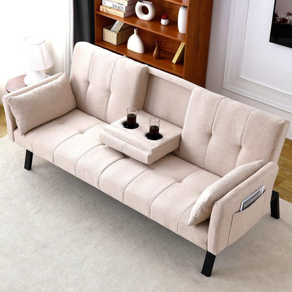 72" Cotton Linen Futon Couch Living Room Couch Bed Convertible Sleeper S...