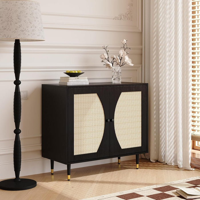 4ever2buy Rattan Buffet Cabinet with Storage, Black Sideboard Cabinet with Rattan Decor Doors, Buffet Table with Storage, Black Console Table with Adjustable Shelves, Living Room Cabinets