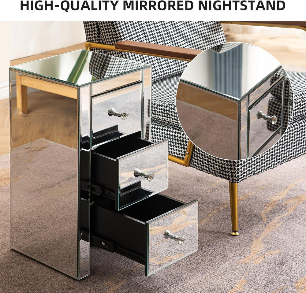 MELLCOM Mirrored Nightstand with 3 Drawers, Mirrored Beside Table for Bedroom...