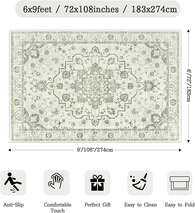 Madane 6x9 Area Rugs for Living Room, Vintage Stain Resistant Area Rug - Image 2