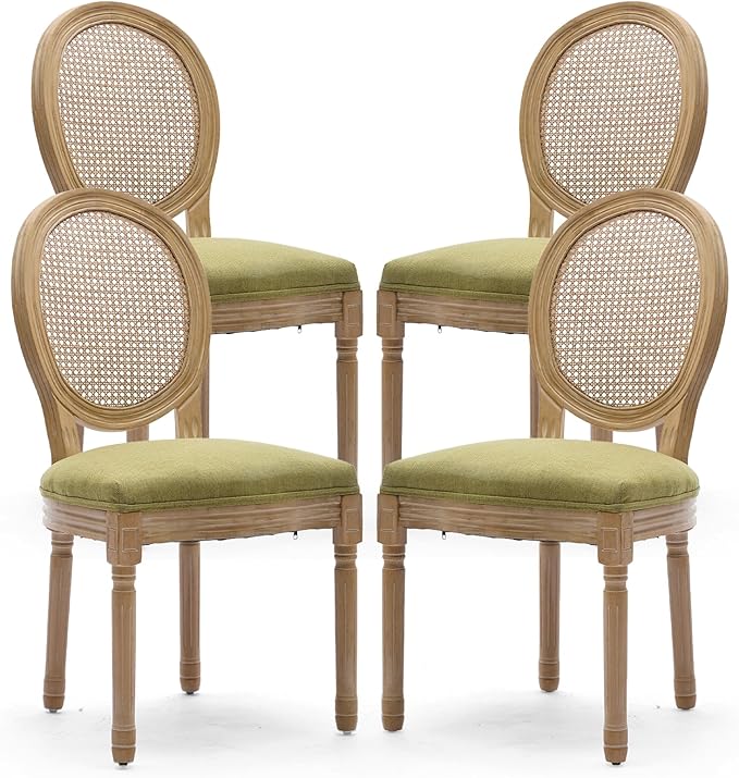 Rattan Back Upholstered Dining Chairs Set of 4 French Country Oval Kitchen Si...