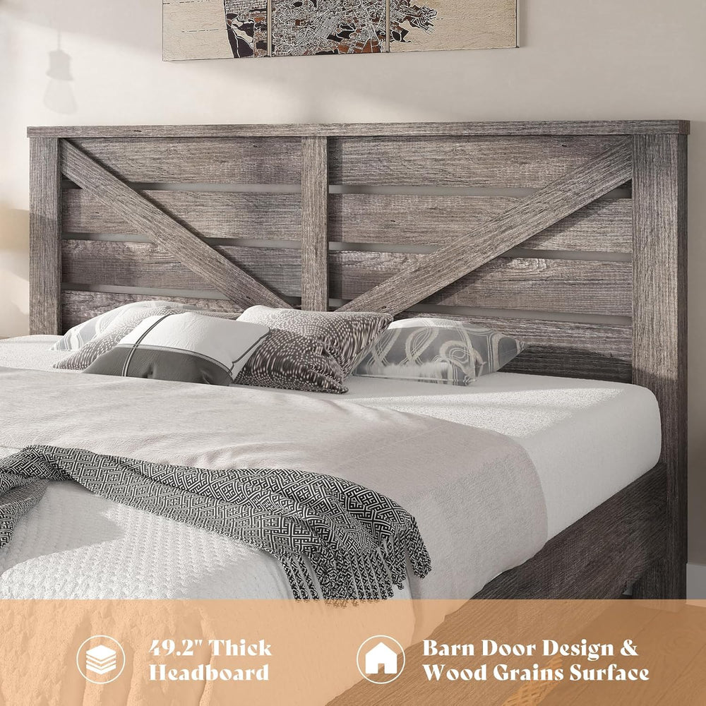 AMERLIFE Farmhouse Full Size Bed Frame with 49.2" Barn Door Headboard, Gray