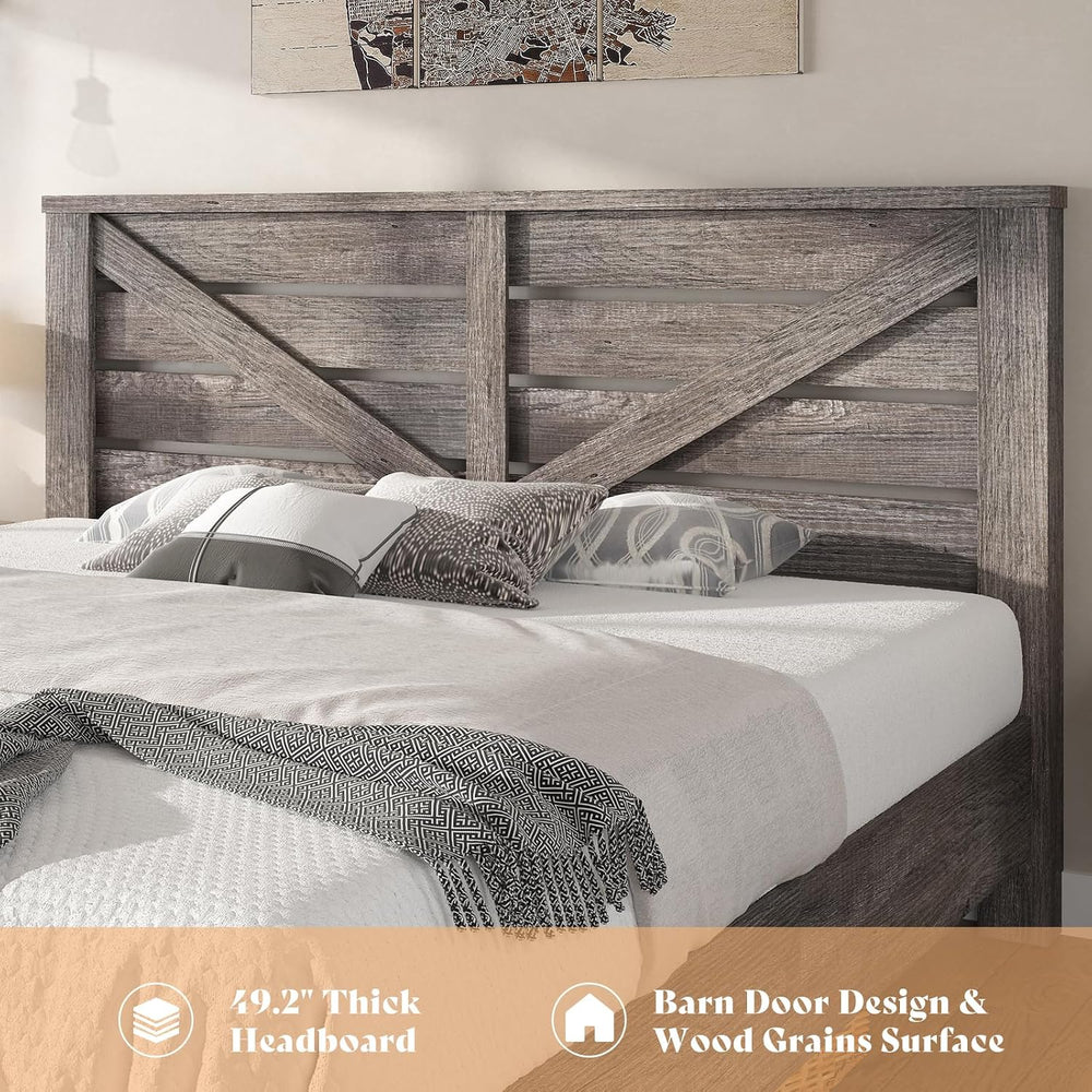 AMERLIFE Farmhouse Queen Size Bed Frame with 49.2"Barn Door Headboard, Gray