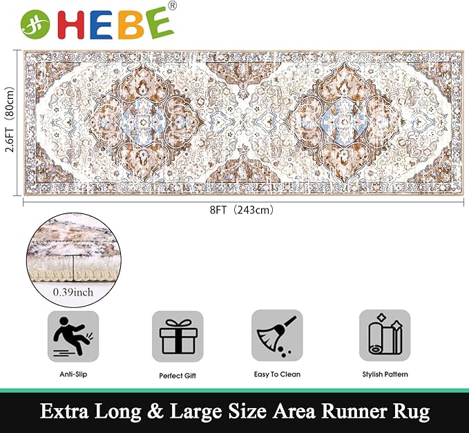 HEBE Hallway Runner Rug 2'8''x8' Washable Vintage Distressed Area Rugs Non Slip - Image 2