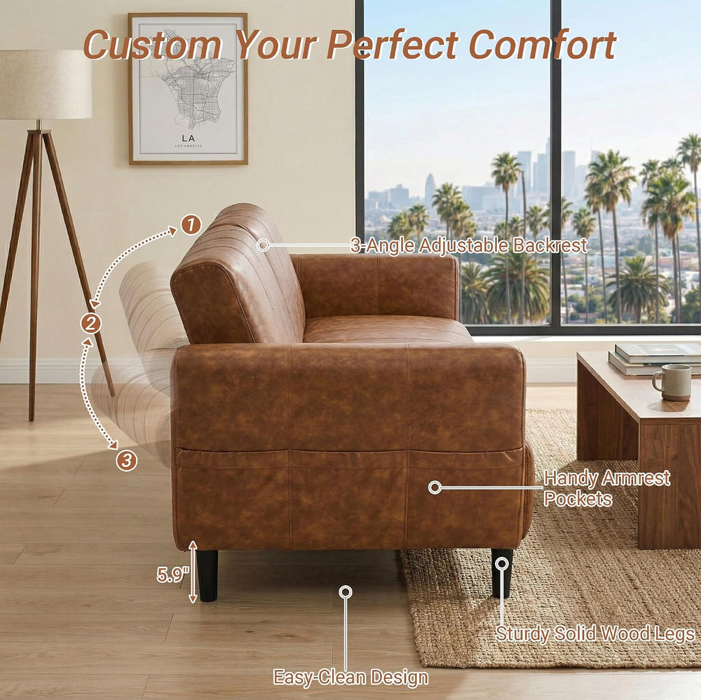 83" Mid Century Modern Faux Leather Sofa, Brown Leather Futon Sofa