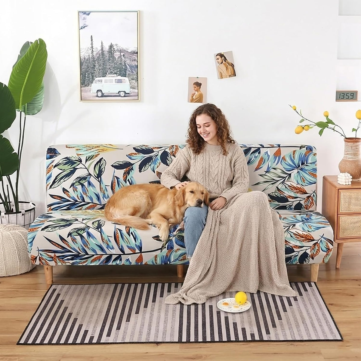 womaco printed futon cover stretch sofa bed slipcovers shown in use