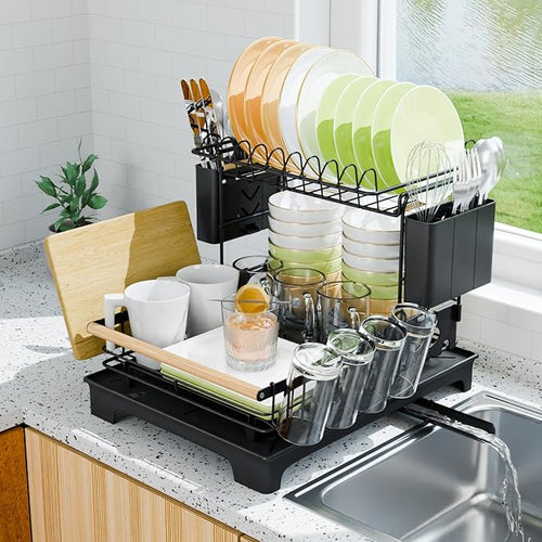 2-Tier Dish Rack with Drainboard: Large Capacity Anti-Rust Kitchen Counter by Unknown