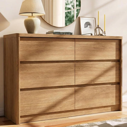 Oak Dresser for Bedroom, 47.2" Wide Mid Century Modern Chest of Drawers with 6 Large Storage Space and Curved Edge Design, 6 Drawer Large Dresser for Bedroom