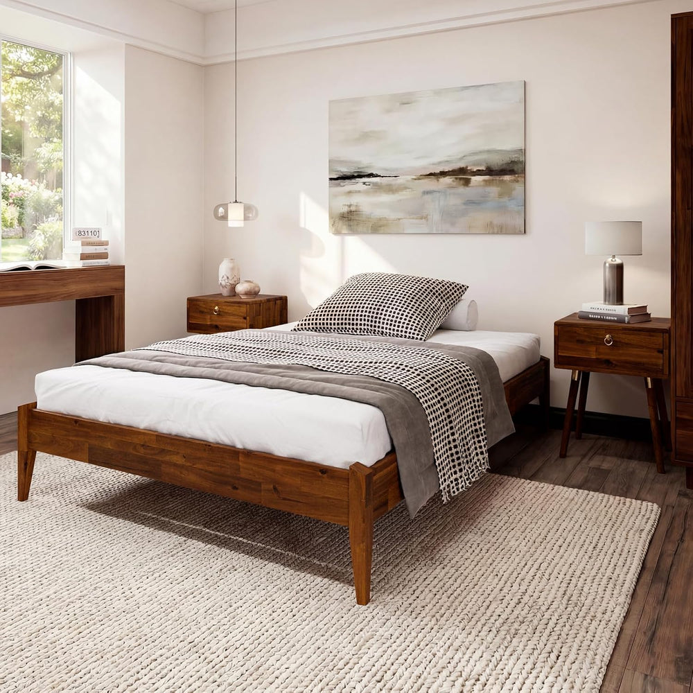 Bme Dinkee 15" Wood Full Bedframe, No Headboard, Japanese, Dark Chocolate