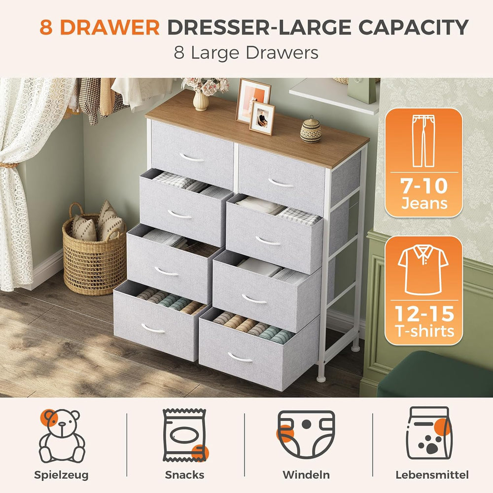 Sweetcrispy 8 Drawer Fabric Dresser for Bedroom, Tall Dresser, Light Grey