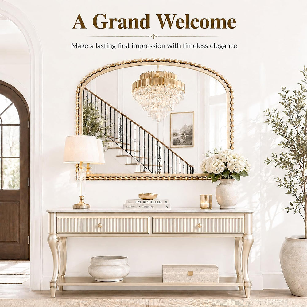 40"x30" Wide Arch Wall Mirror, Antique Gold Bold Beaded Frame