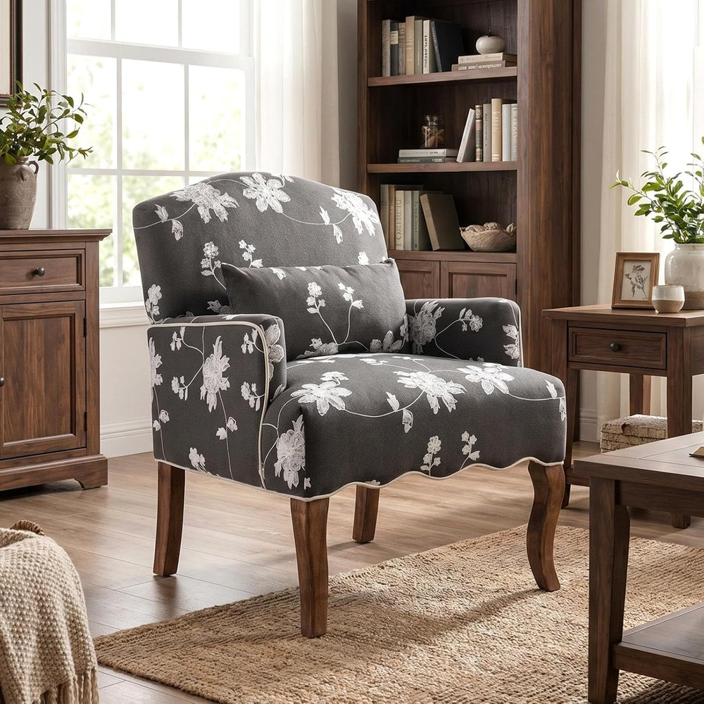 Shunzhi Floral Accent Chairs Farmhouse Upholstered Armchair Linen Reading Cha...