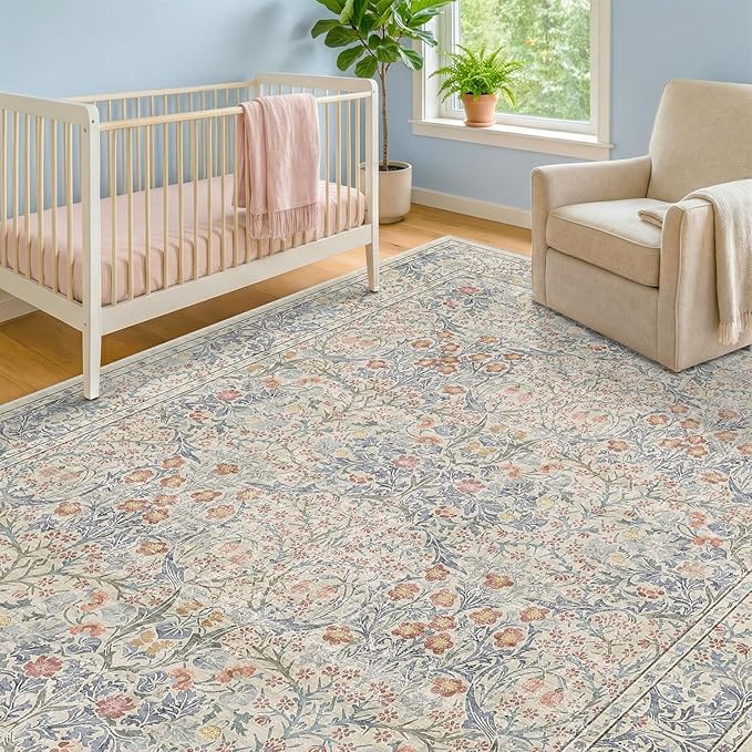 Beige Blue Living Room Rug 5x7, Cottage Area Rug - Image 3