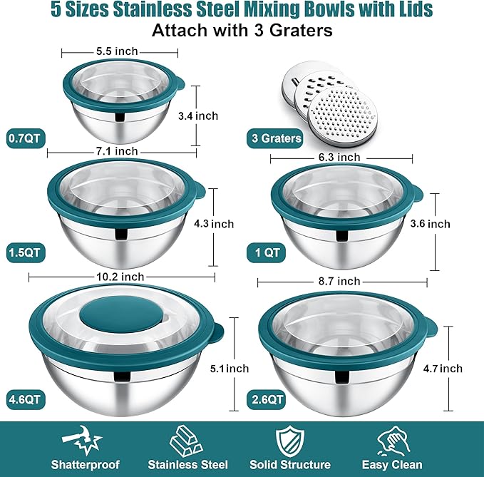 E-far Mixing Bowls Set of 5, Stainless Steel Salad Mixing Bowl - Image 5