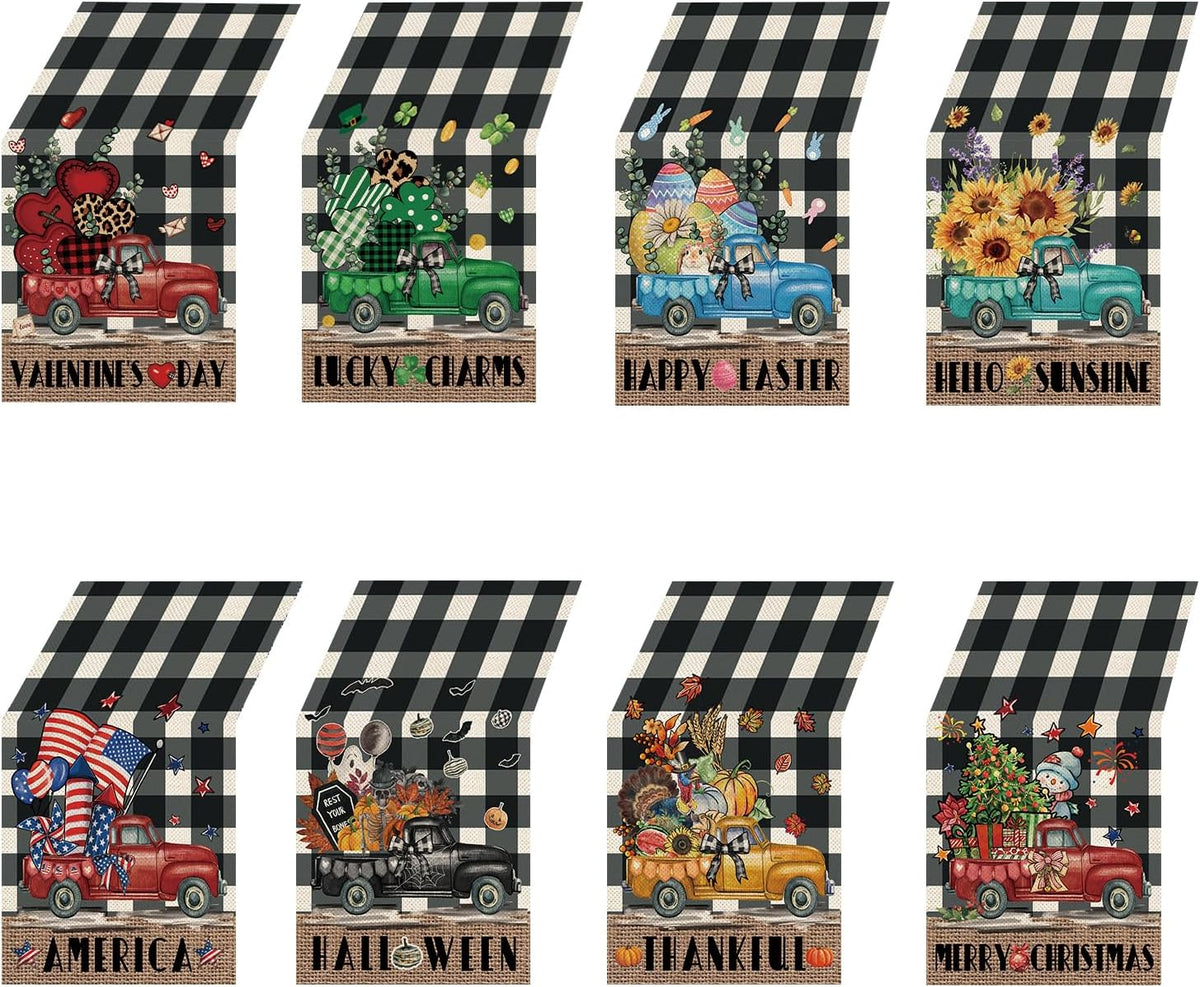 8 Pcs Truck Holiday Table Runners 72 Inches Long, Rustic Truck Fall Winter Halloween Christmas Burlap Table Runners, Car Buffalo Plaid Dining Table Decor for Farmhouse Garden Party Supplies