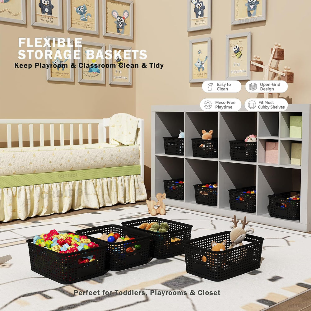 ORGIDOL Black Plastic Storage Baskets for Organizing, 12 Pack