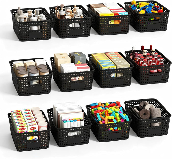 ORGIDOL Black Plastic Storage Baskets for Organizing, 12 Pack