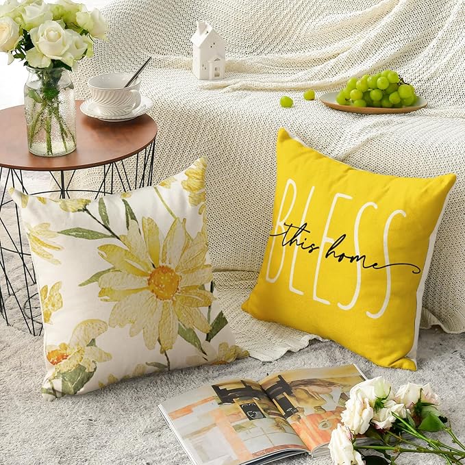 AVOIN colorlife Home Sweet Home Spring Summer Flowers Yellow Throw Pillow Covers - Image 4