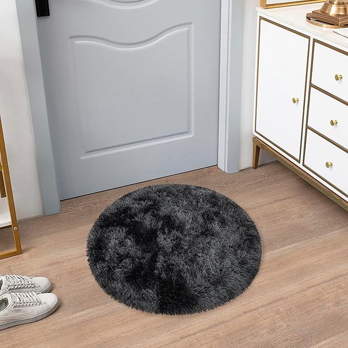 Tie Dye Black Round Rugs Small 2x2 ft Fluffy Circle Rug Furry Carpet Shaggy - Image 6