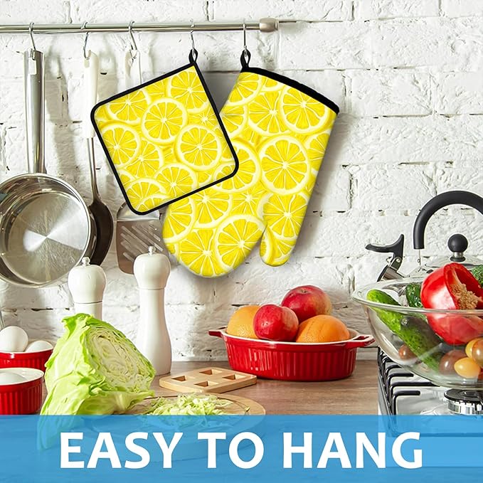 Watercolor Lemon Oven Mitts and Pot Holders Sets Heat Resistant 4Pcs Potholders - Image 4