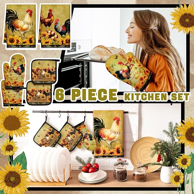 Leinuosen 6 Sunflower Rooster Farmhouse Kitchen Decor Dish Towels Oven Mitts - Image 4